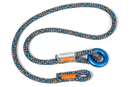 The Husqvarna Multi Sling by Husqvarna is a multicolored, patterned climbing rope featuring a loop at one end and a blue metal ring at the other. It boasts orange stitching and reinforcements near the connections, forming durable loops ideal for secure use in climbing activities or tree care. The background is black.