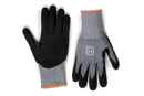 The Husqvarna Gloves - Technical Grip from Husqvarna are displayed against a black background. The gloves feature grey fabric on the top side adorned with a white emblem, while the palm side is made of black fabric. Orange trim accents are visible around the wrist cuffs. The left glove, ideal for gardening and providing excellent tactile sensitivity, is shown palm up, while the right glove is shown palm down.