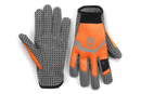 A pair of Husqvarna Gloves - Functional Light Vent is showcased against a dark background. These gloves, produced by Husqvarna, feature a gray design with small, evenly spaced black dots on breathable synthetic leather and an orange detail on the side. A close-up insert highlights the texture and design of these dotted gardening gloves.