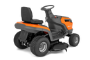 The Husqvarna Battery TS 100i Tractor, in orange with a black seat and steering wheel, offers ergonomic comfort and features robust wheels with visible blade housing. The brand logo is prominently displayed on the side, ensuring efficient mowing with every use.
