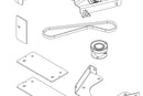 Illustration of two blue gears, with the larger gear positioned towards the top left and the smaller gear towards the bottom right. Horizontal lines behind the gears suggest motion and speed, indicating mechanical or industrial activity, reminiscent of a Husqvarna Drive Kit for a Collection System on a 54" deck in action.