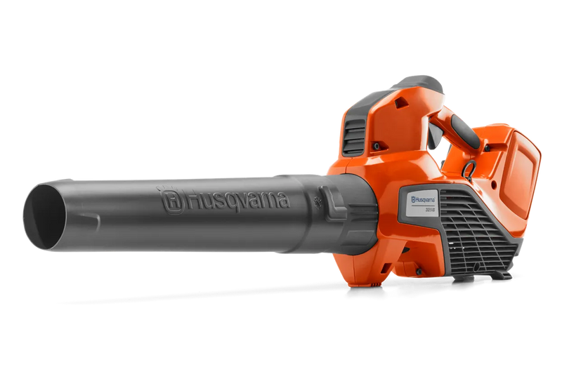 The image showcases the Husqvarna 530iBX Blower skin. It features a powerful orange and black design with a prominent Husqvarna logo on the side of the nozzle and a battery compartment at the back. Ideal for forestry tasks, this blower is perfect for outdoor use to clear leaves and debris.