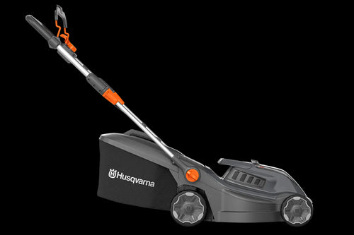 A black and gray Husqvarna Aspire™ L34 Lawn Mower (Skin) with an 18V system is shown. Featuring a sleek, lightweight, and foldable design with adjustable handle heights and orange accent details, it fits effortlessly into your storage space. A graphic in the lower right corner displays "Power for ALL 18V," indicating its battery compatibility.