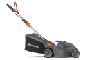 Image of a Husqvarna Aspire™ L34 Lawn Mower (Kit) with an 18V battery. The black mower, accented in orange, features a sleek design and a grass collection bag at the back. With the POWER FOR ALL battery system, its handlebar is adjustable and foldable for easy storage.