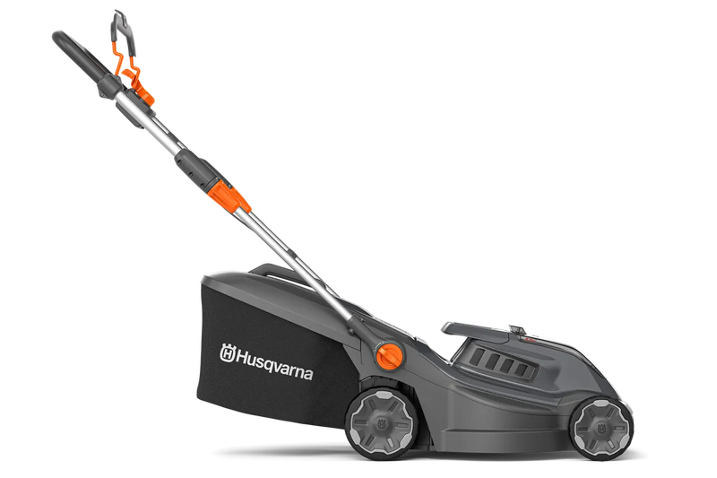 Image of a Husqvarna Aspire™ L34 Lawn Mower (Kit) with an 18V battery. The black mower, accented in orange, features a sleek design and a grass collection bag at the back. With the POWER FOR ALL battery system, its handlebar is adjustable and foldable for easy storage.