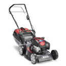 Image of a red and black Victa Mustang SP725 with a powerful Briggs & Stratton engine. The mower features a sturdy metal frame, Quad Blade Cutting System, grass catcher at the back, and adjustable handle grips. Perfect for residential gardening and lawn maintenance.