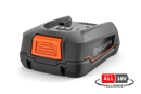 A compact Husqvarna Aspire™ P4A 18-B45 Battery with a black and orange exterior. Ideal for forestry or lawns, the battery features a push button mechanism on the orange section and branding on the side. A red badge indicating "POWER FOR ALL 18V" is seen at the bottom right corner.
