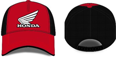 Front and back view of a 100% cotton Honda Cap Red by HRC, featuring a red and black color scheme with the logo on the front panel. The prominent wing design above "Honda" adds flair. An adjustable snapback strap on the back ensures a perfect fit.