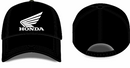 Showcasing the Honda Cap Black, branded by HRC, this cap displays a chic design from both front and back angles. The front prominently features the white Honda logo with stylized wings and "HONDA," set against a black background. Crafted from 100% cotton, the back of the cap includes an adjustable snapback strap, ensuring a perfect fit.