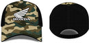 Front and rear views of the 100% cotton camouflaged Honda Cap Camo. The front features a prominent "HONDA" logo with a stylized wing above the text, while the back of the cap is black mesh with an adjustable snapback strap by HRC.