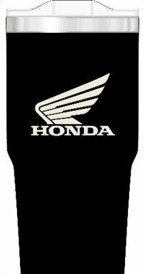 The HRC Honda Travel Mug 750ml is a black mug with a white stylized wing and bold "HONDA" logo, perfect for coffee on the go.