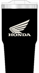The HRC Honda Travel Mug 750ml is a black mug with a white stylized wing and bold "HONDA" logo, perfect for coffee on the go.