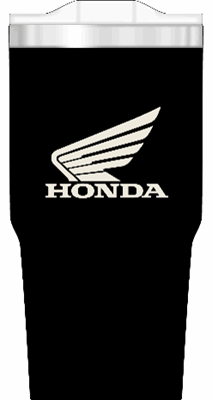 The HRC Honda Travel Mug 750ml is a black mug with a white stylized wing and bold "HONDA" logo, perfect for coffee on the go.