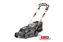 A black and gray Husqvarna Aspire™ L34 Lawn Mower (Skin) with an 18V system is shown. Featuring a sleek, lightweight, and foldable design with adjustable handle heights and orange accent details, it fits effortlessly into your storage space. A graphic in the lower right corner displays "Power for ALL 18V," indicating its battery compatibility.