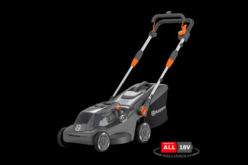 Image of a Husqvarna Aspire™ L34 Lawn Mower (Kit) with an 18V battery. The black mower, accented in orange, features a sleek design and a grass collection bag at the back. With the POWER FOR ALL battery system, its handlebar is adjustable and foldable for easy storage.