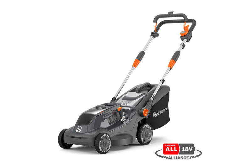 Image of a Husqvarna Aspire™ L34 Lawn Mower (Kit) with an 18V battery. The black mower, accented in orange, features a sleek design and a grass collection bag at the back. With the POWER FOR ALL battery system, its handlebar is adjustable and foldable for easy storage.