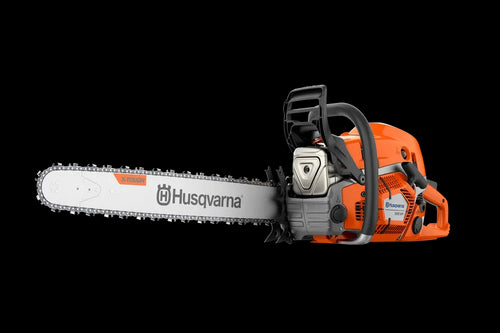 An orange and grey Husqvarna 592 XP-24® Chainsaw is shown against a white background, ideal for maintaining gardens and lawns. The chainsaw features a branded logo on both the body and blade, which is fitted with a chain. It has a black handlebar, air filter cover, and fuel tank cap.