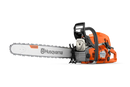 An orange and grey Husqvarna 592 XP-24® Chainsaw is shown against a white background, ideal for maintaining gardens and lawns. The chainsaw features a branded logo on both the body and blade, which is fitted with a chain. It has a black handlebar, air filter cover, and fuel tank cap.