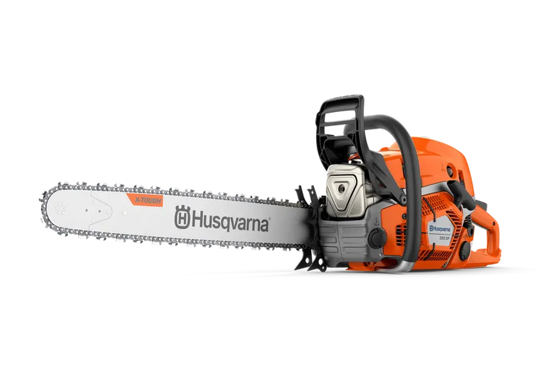 A Husqvarna 592 XP-32404® Chainsaw with an orange body and metallic blade is shown, ideal for maintaining gardens. The saw's brand name is visible on the blade, which is fitted with a sharp, serrated chain. The handle and engine components are prominently displayed. The background is plain, highlighting the tool's power.