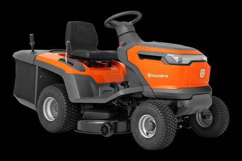 The Husqvarna Battery TC 100i Tractor in bright orange and black features a steering wheel, comfortable seat, efficient collecting system, and durable tires. It boasts sleek lines and a modern design for dynamic mowing.