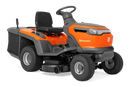 The Husqvarna Battery TC 100i Tractor in bright orange and black features a steering wheel, comfortable seat, efficient collecting system, and durable tires. It boasts sleek lines and a modern design for dynamic mowing.