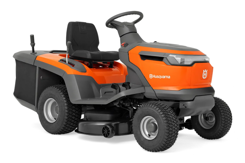 The Husqvarna Battery TC 100i Tractor in bright orange and black features a steering wheel, comfortable seat, efficient collecting system, and durable tires. It boasts sleek lines and a modern design for dynamic mowing.