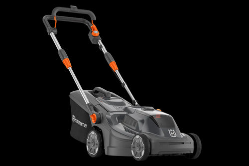 A black and gray Husqvarna Aspire™ L34 Lawn Mower (Skin) with an 18V system is shown. Featuring a sleek, lightweight, and foldable design with adjustable handle heights and orange accent details, it fits effortlessly into your storage space. A graphic in the lower right corner displays "Power for ALL 18V," indicating its battery compatibility.