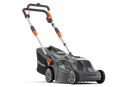 A black and gray Husqvarna Aspire™ L34 Lawn Mower (Skin) with an 18V system is shown. Featuring a sleek, lightweight, and foldable design with adjustable handle heights and orange accent details, it fits effortlessly into your storage space. A graphic in the lower right corner displays "Power for ALL 18V," indicating its battery compatibility.