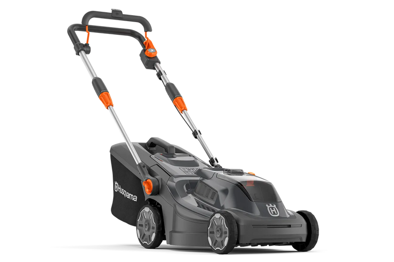 Image of a Husqvarna Aspire™ L34 Lawn Mower (Kit) with an 18V battery. The black mower, accented in orange, features a sleek design and a grass collection bag at the back. With the POWER FOR ALL battery system, its handlebar is adjustable and foldable for easy storage.