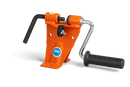 The Husqvarna Rivet Spinner, an orange manual tire changer tool by Husqvarna, features a black handle on one side and a grey handle with a black grip on the other. Constructed from welded steel, it is designed to be mounted on a workbench or other surface and prominently displays a blue logo on the front.