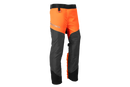 The Husqvarna Functional Safety Chaps, designed in bright orange and black for enhanced safety, feature durable fabric with reinforced areas. The high-visibility "Husqvarna" brand name is prominently displayed on the left thigh. These chaps offer an adjustable fit and boast a modern, rugged look ideal for outdoor work.