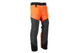 The Husqvarna Functional Safety Chaps, designed in bright orange and black for enhanced safety, feature durable fabric with reinforced areas. The high-visibility "Husqvarna" brand name is prominently displayed on the left thigh. These chaps offer an adjustable fit and boast a modern, rugged look ideal for outdoor work.