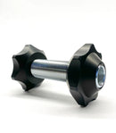 The Rabaconda tyre changer universal hub adapter 32-68mm features a metallic bolt with a shiny, threaded shaft and black star-shaped knobs on both ends, evoking universal adapter components, against a plain white background.