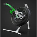 A Rabaconda Street Bike Tyre Changer holds a motorcycle wheel secured with a green BARCORNA lock, emphasizing its anti-theft features. The dark gray background highlights the wheel and lock in contrast.