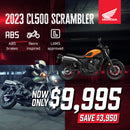 Experience the thrill of the orange 2023 Honda CL500 SCRAMBLER, boasting a 500cc twin-cylinder engine and scrambler styling. Equipped with ABS for safety, it's priced at $12,345. Save $1,600 in our limited-stock garage sale promotion!.