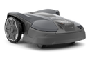 Image of the Husqvarna Automower 320 NERA. The robotic lawn mower features a sleek and modern design with a predominantly dark gray body, large rear wheels for high terrain performance, and a compact build. The Husqvarna logo is prominently displayed on top.