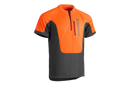This Husqvarna Hi Vis Work T-Shirt Short Sleeve features a half-zip design and is made from quick-drying fabric. The top part and shoulder areas are bright orange, while the lower part is dark gray. "Husqvarna" is printed vertically on the left chest in gray, with a small logo near the zipper.
