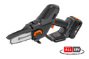 A compact Husqvarna Aspire™ P5 Pruner (Skin) featuring a black and orange design. The pruner is shown from a side angle, highlighting its ergonomic handle, safety guard, and branded chain guide. Perfect for maintaining lawns, it also showcases the "Power For All" logo in the corner.