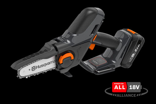A black and orange, battery-powered telescopic pole saw with a small chainsaw attachment on the end, ideal for outdoor trimming tasks. The set includes a durable Husqvarna battery pack and a separate battery charger, all neatly arranged on a plain, white background. Perfect for maintaining lawns and gardens.