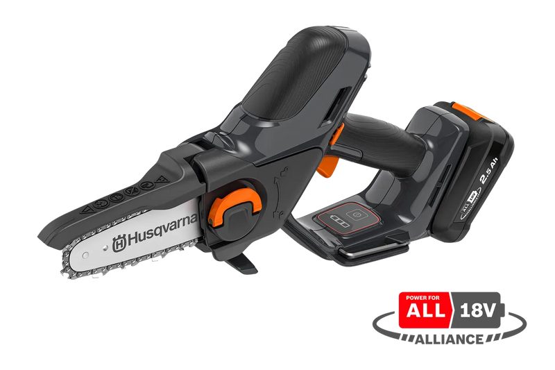 A black and orange, battery-powered telescopic pole saw with a small chainsaw attachment on the end, ideal for outdoor trimming tasks. The set includes a durable Husqvarna battery pack and a separate battery charger, all neatly arranged on a plain, white background. Perfect for maintaining lawns and gardens.