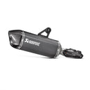 Image of an AKRAPOVIC Slip On Muffler for BMW R1200GS in black and metallic, with carbon fiber tip and bracket. This sleek exhaust system features an elongated cylindrical design, distinctive Akrapovič sound, and a titanium muffler finish.