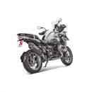 Image of an AKRAPOVIC Slip On Muffler for BMW R1200GS in black and metallic, with carbon fiber tip and bracket. This sleek exhaust system features an elongated cylindrical design, distinctive Akrapovič sound, and a titanium muffler finish.