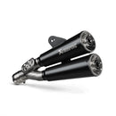 A pair of Slip On BMW R12 NineT/R12 exhaust pipes by Crown Kiwi Enterprises Limited, featuring a sleek, polished black stainless steel finish with dual cylindrical shape and metallic accents that showcase high-performance detailing.