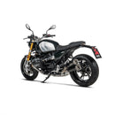 A pair of Slip On BMW R12 NineT/R12 exhaust pipes by Crown Kiwi Enterprises Limited, featuring a sleek, polished black stainless steel finish with dual cylindrical shape and metallic accents that showcase high-performance detailing.