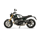 A pair of Slip On BMW R12 NineT/R12 exhaust pipes by Crown Kiwi Enterprises Limited, featuring a sleek, polished black stainless steel finish with dual cylindrical shape and metallic accents that showcase high-performance detailing.