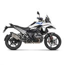 The AKRAPOVIC Slip On Muffler for the BMW R1300GS features a titanium body with dual carbon-fiber tips, easy attachment via its mounting bracket, and performance optimized on Akrapovič's dyno.