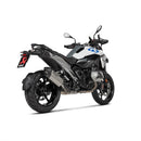 The AKRAPOVIC Slip On Muffler for the BMW R1300GS features a titanium body with dual carbon-fiber tips, easy attachment via its mounting bracket, and performance optimized on Akrapovič's dyno.