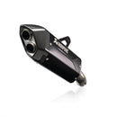 The Slip On Muffler for BMW R1300GS by Crown Kiwi Enterprises Limited features a sleek black design with carbon fiber tip, dual outlets, and visible branding, perfectly complementing the BMW R 1300 GS for an enhanced riding experience.