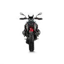 The Slip On Muffler for BMW R1300GS by Crown Kiwi Enterprises Limited features a sleek black design with carbon fiber tip, dual outlets, and visible branding, perfectly complementing the BMW R 1300 GS for an enhanced riding experience.