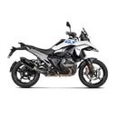 The Slip On Muffler for BMW R1300GS by Crown Kiwi Enterprises Limited features a sleek black design with carbon fiber tip, dual outlets, and visible branding, perfectly complementing the BMW R 1300 GS for an enhanced riding experience.